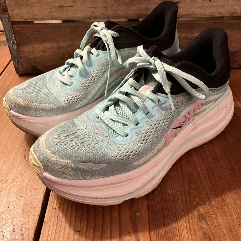 Hoka One One Bondi 9 Women’s Road Running Shoes 10B Blue Spark Mint Green